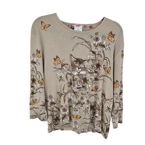Morning sun womens size XL beige brown kitty cat floral embellished top 90s